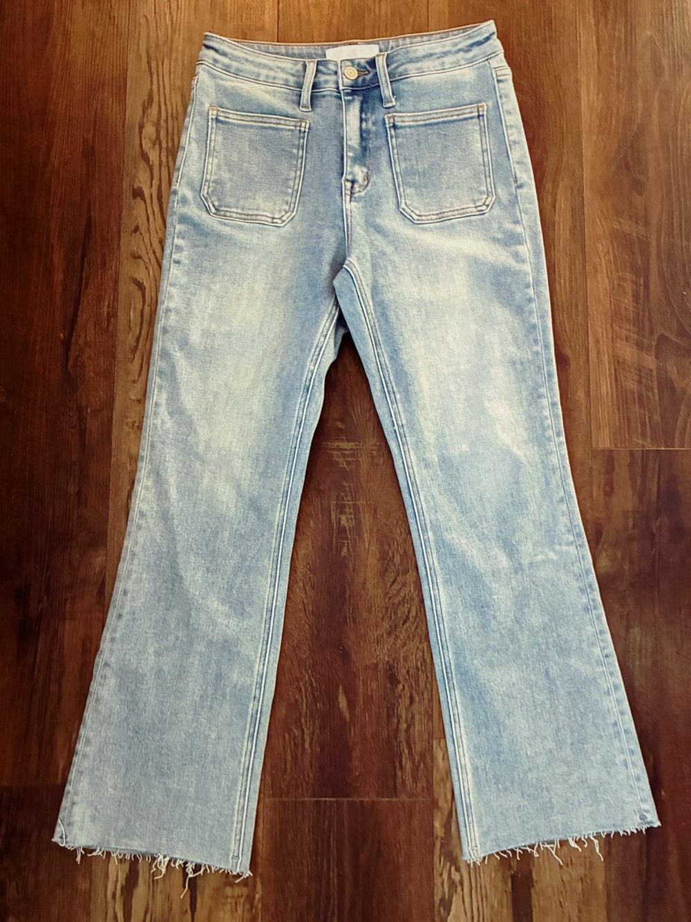 VERVET Blue High-Rise Patch Pocket Wide Leg Jeans with Raw Frayed Hem
